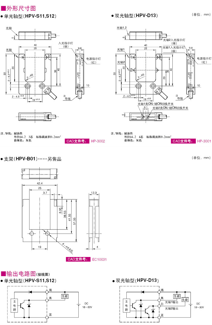 放大器内藏沟槽型光电开关HPV系列,双光轴型产品系列,节省空间及配线沟槽宽25mm,深35mm,使用方便。 指示灯可视性好。(通电指示/入光指示)确保在-25的冷冻仓库内正常工作。 第1光轴距前端仅4mm。小型,轻量的塑料外壳(40x50x10mm,60/70g)密封型IP64 L.O./D.O.切换开关,可对每根光轴设定动作模式。(双光轴型)可进行紧密联装。