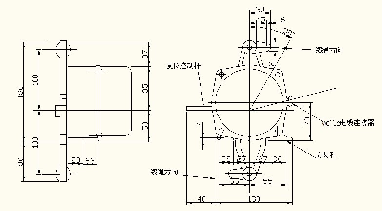 DPLS-I双向拉绳开关概述: DPLS双向拉绳开关分I型和II型两种型号,I型动作后自动复位。II型动作后有自锁装置(锁定销),需要手动拉出复位后开关才能重新使用。本件为双向动作,拉绳臂两端均可安装拉绳,当胶带机运行出现故障需要停机时,现场工作人员拉动拉绳,使转臂转过一定的角度,触动工作开关后能同时发出报警和停机两组信号,达到预防和控制设备及操作员安全的目的.